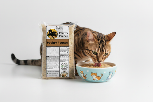 Bengal cat with Poultry Pounce package and bowl