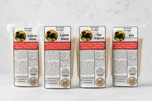 Four premium pet food bags with recipe labels